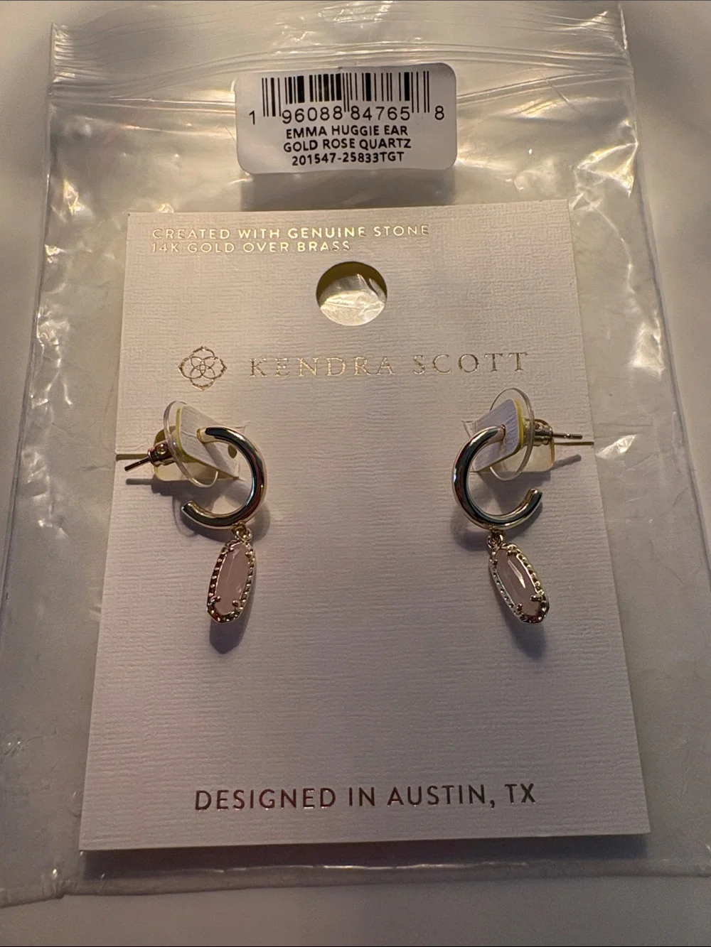 Kendra Scott Emma Huggie earrings Gold Rose Quartz new